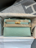 Kelly Pochette Vert D'eau Matte Alligator GHW